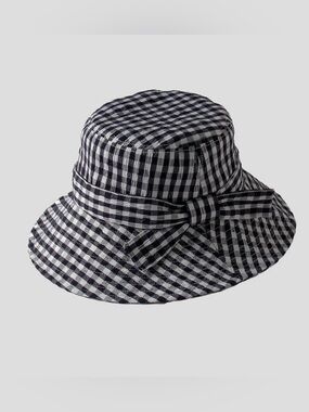 Anna Kaci Black White Gingham Wide Brim Sun Hat with Chin Strap NWT